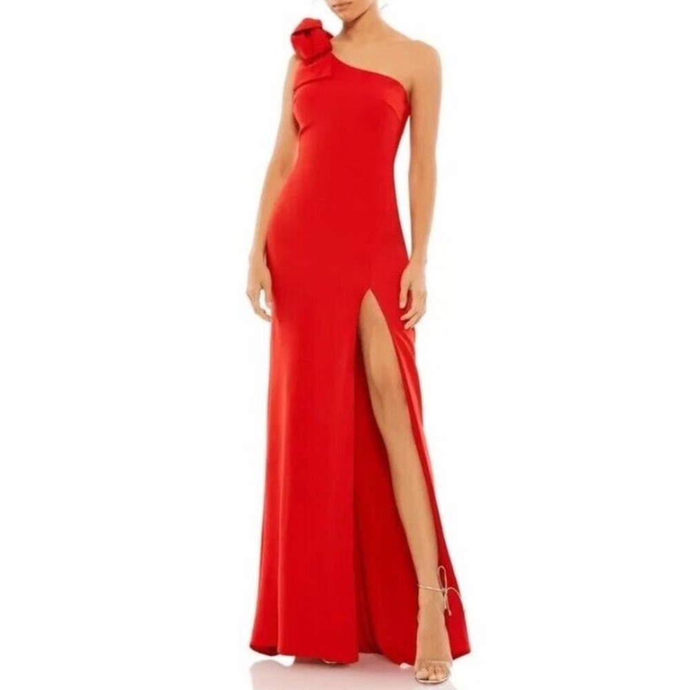 Mac Duggal Scarlet One-Shoulder Gown with Rosette and High Slit